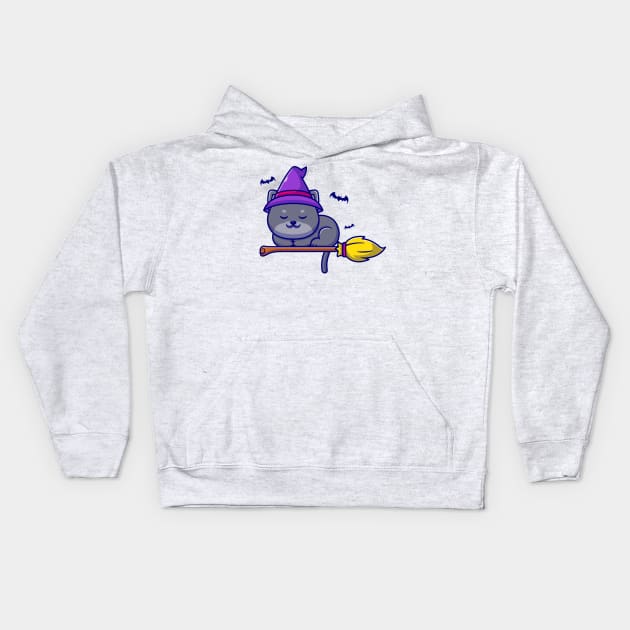 Cute Witch Cat Sleeping On Magic Broom Cartoon Kids Hoodie by Catalyst Labs